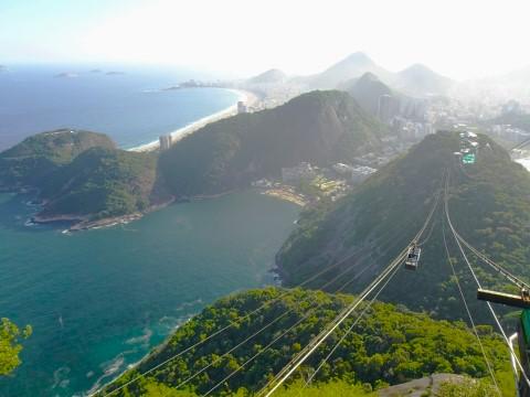 Blick vom Pão de Açúcar auf die Seilbahn und Copacabana